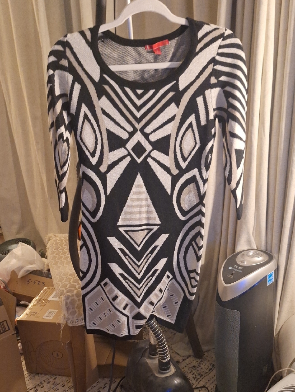 Source Unknown Black and White Geometric Knit Long Sleeve Dress
